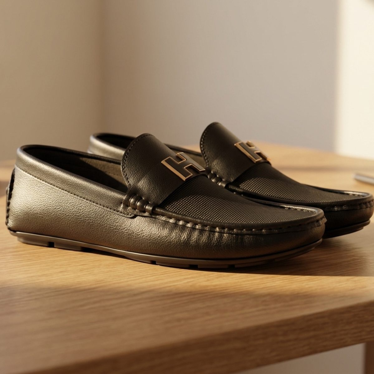 Loafers with Gold Buckle - Genuine Leather